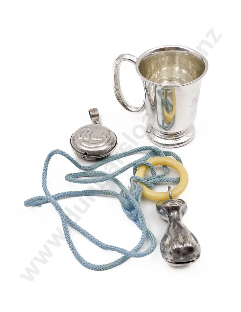 S/S Christening Mug Together with Two Vintage Baby Rattles Image 1++