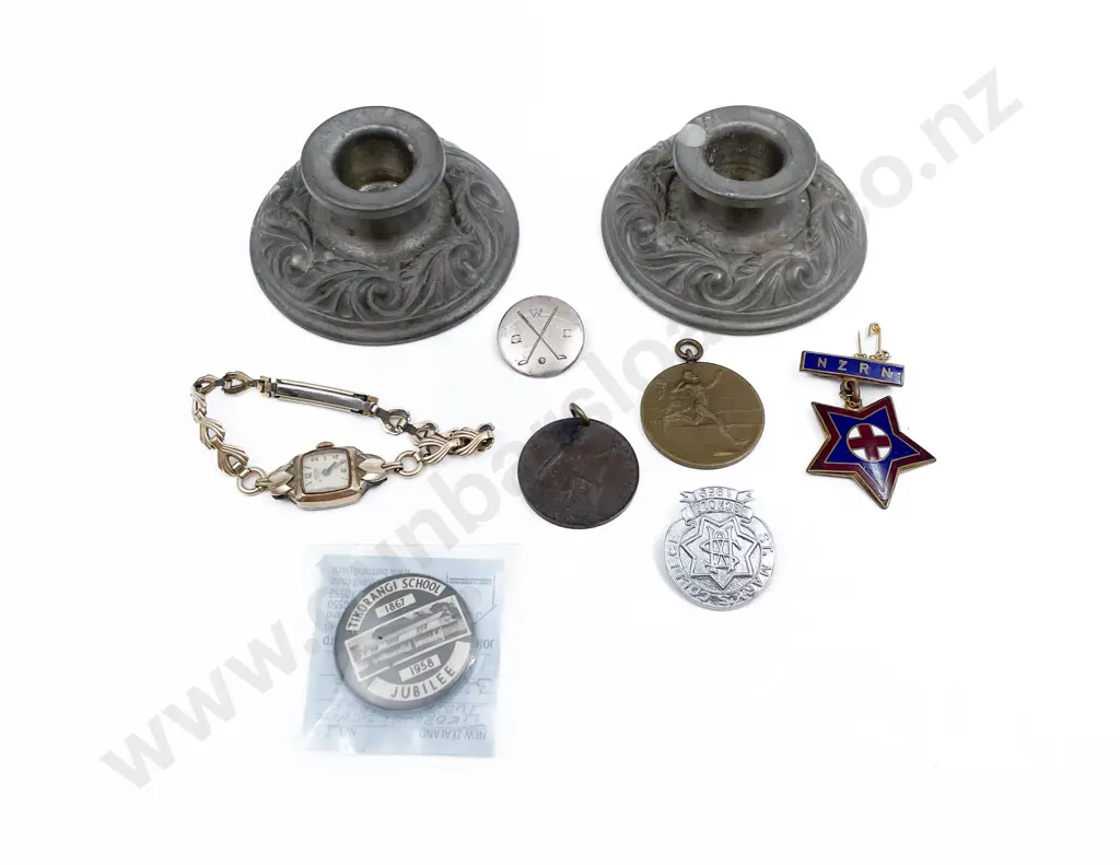 Five Various Vintage Badges with Penny Pendant ladies wrist watch and pair candle holders Image 1++