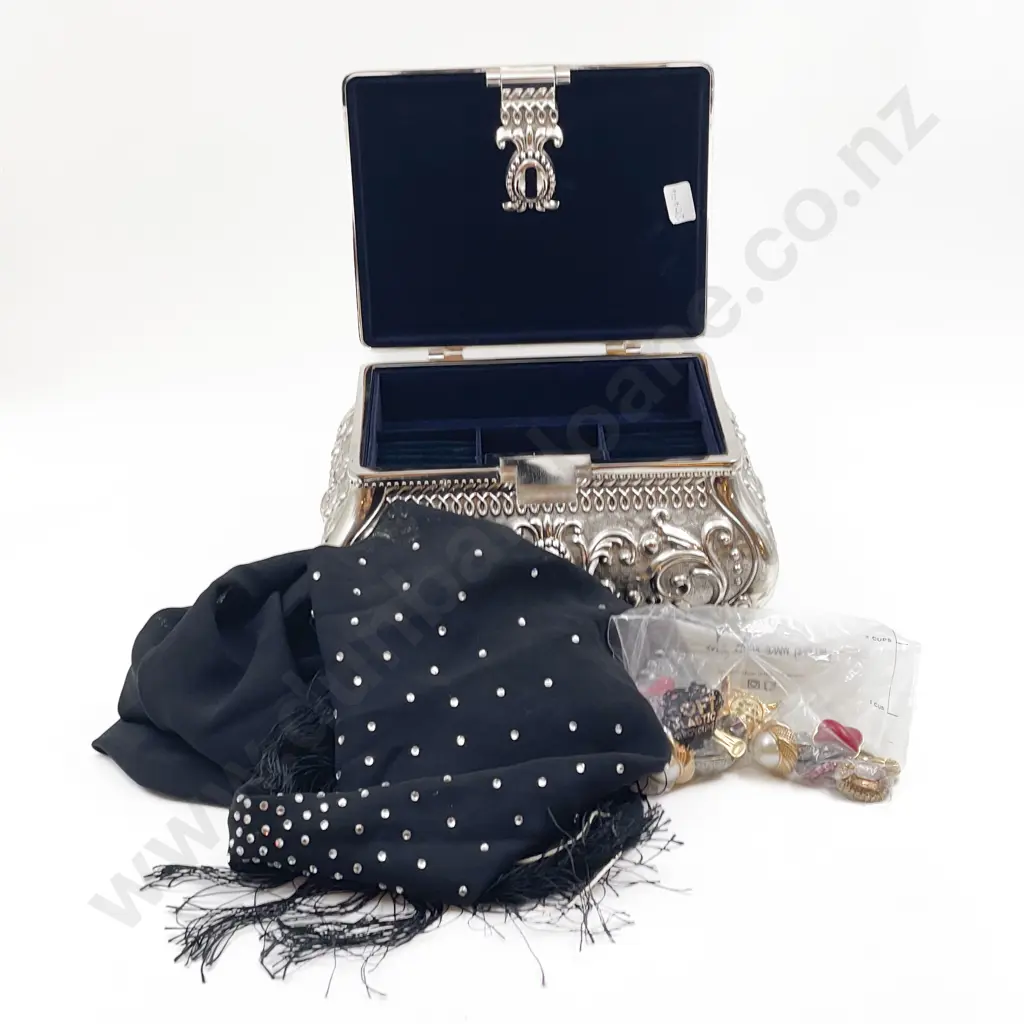 Jewellery Box with Assorted Costume Jewellery and Sequined Scarf Image 1++