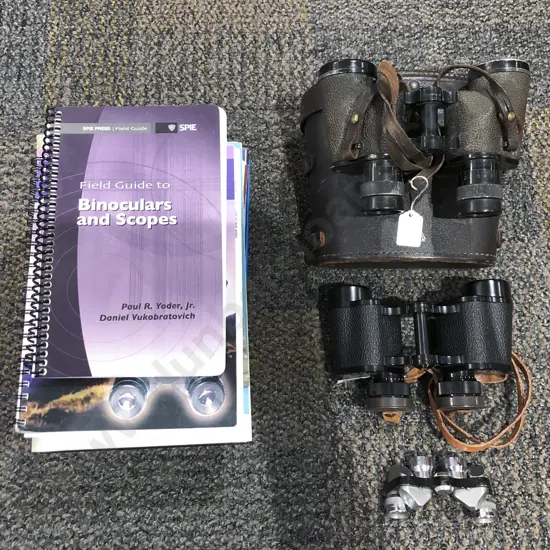Three Pairs of Vintage Binoculars with Twelve Books on Binoculars and Optics