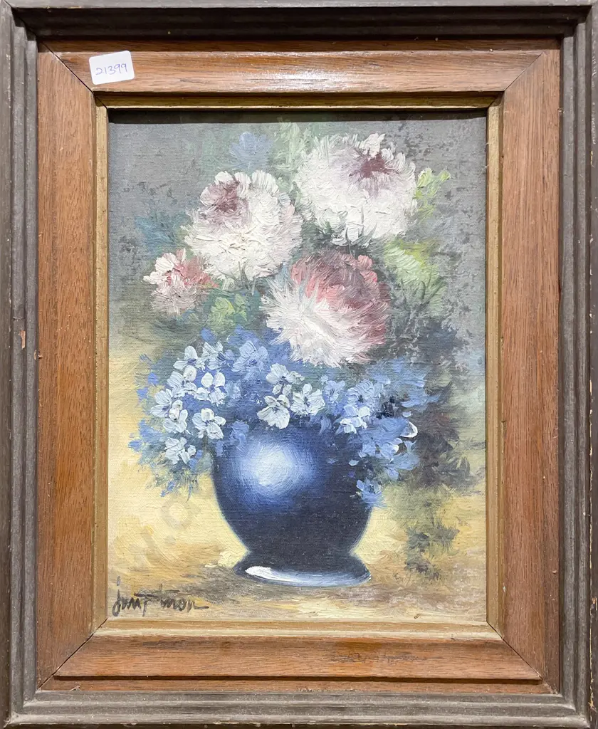Indistinctly Signed - Floral Still Life - Oil on Canvas Image 1++