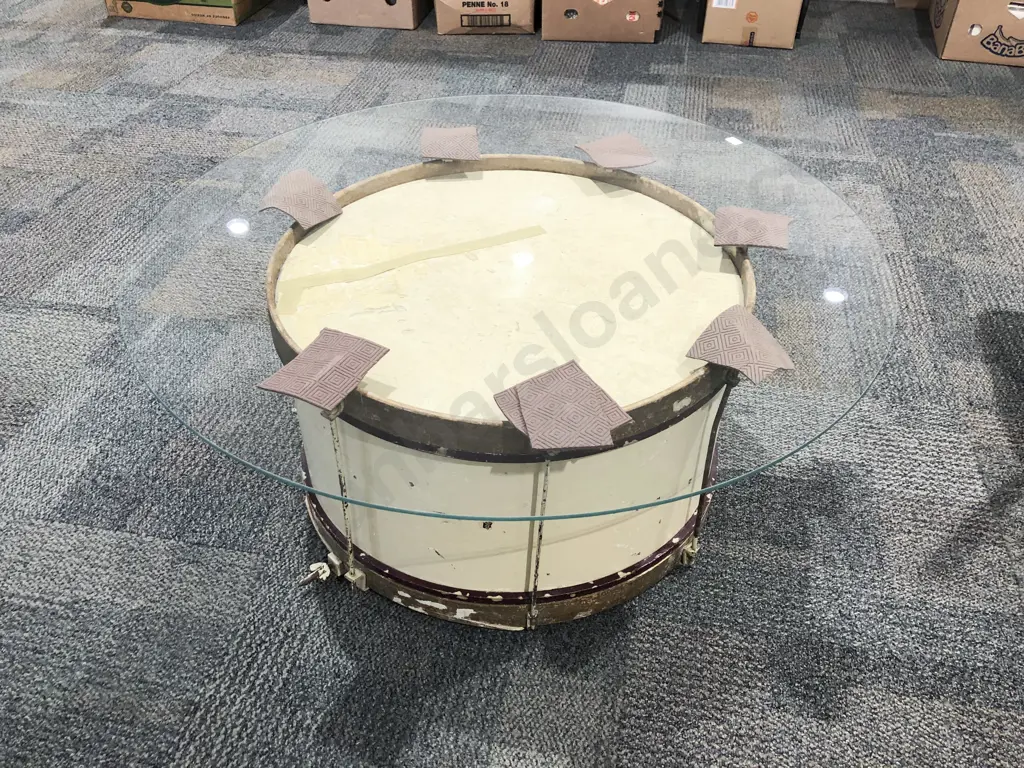 Vintage Drum Based Glass Top Coffee Table Image 1++