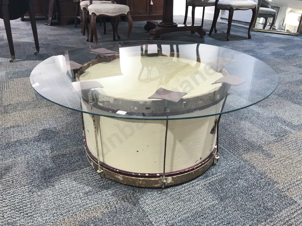 Vintage Drum Based Glass Top Coffee Table Image 1++