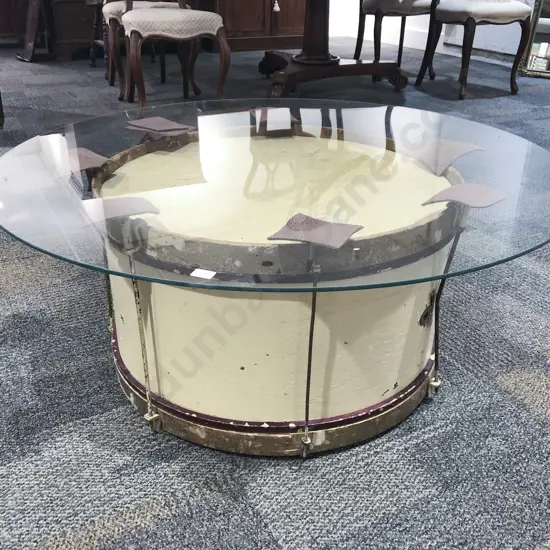 Vintage Drum Based Glass Top Coffee Table
