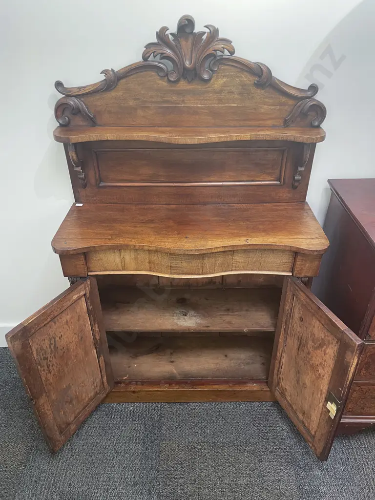 Victorian Serpentine Front Chiffonier with Shelfed Gallery Back Image 1++