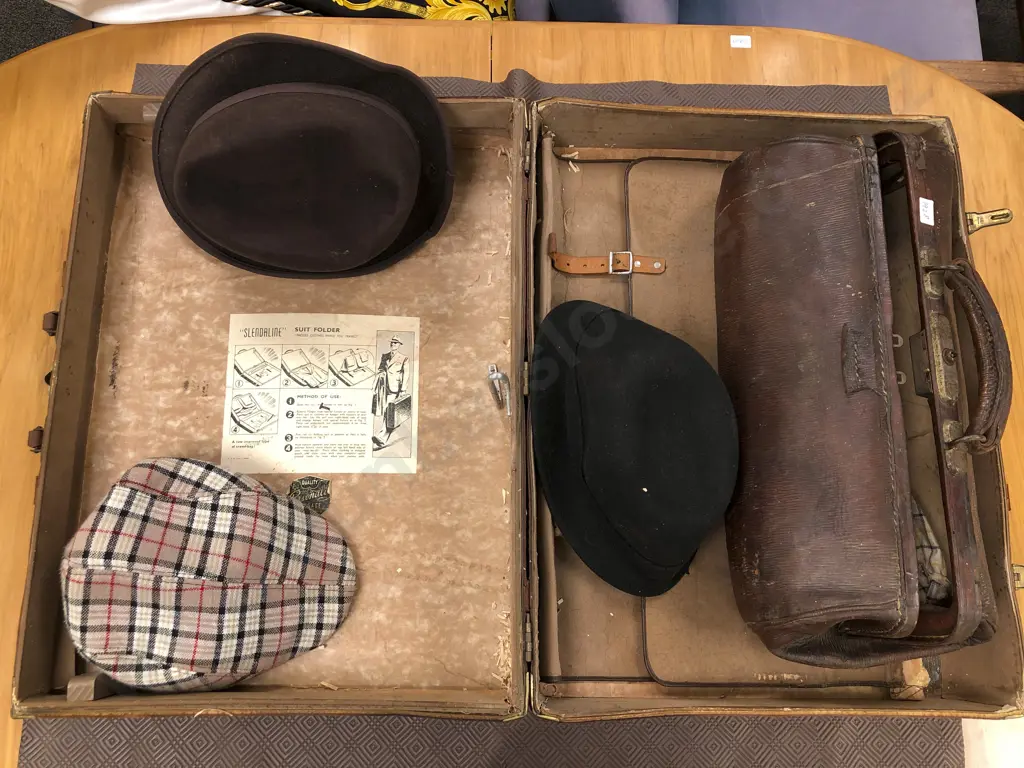 "Slendaline" Suit Folder Suitcase with Assorted Hats and Leather Bag Image 1++