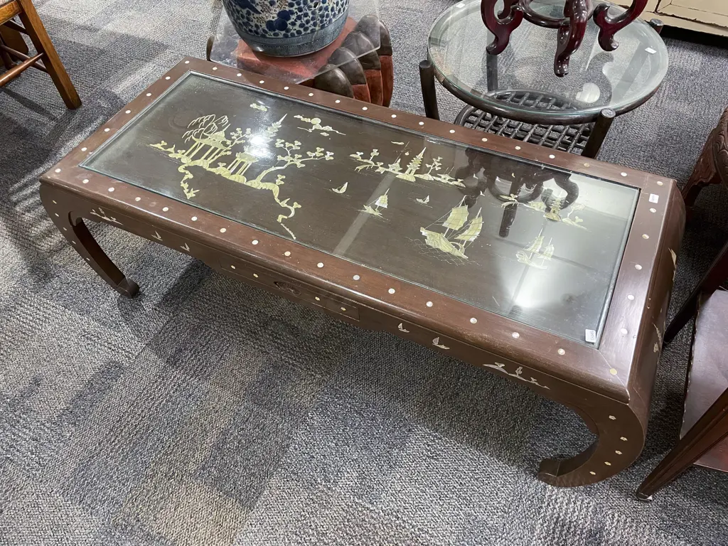 MOP Inlaid Coffee Table with Three Matching Stools Image 1++