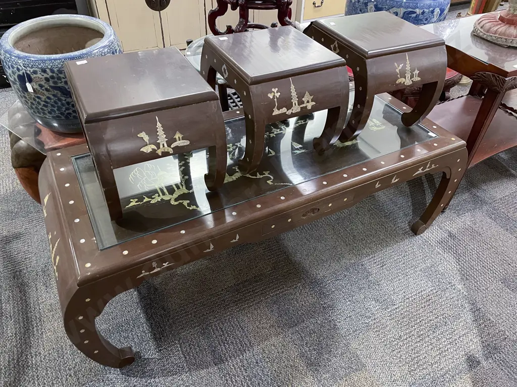MOP Inlaid Coffee Table with Three Matching Stools Image 1++