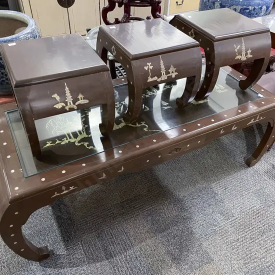 MOP Inlaid Coffee Table with Three Matching Stools
