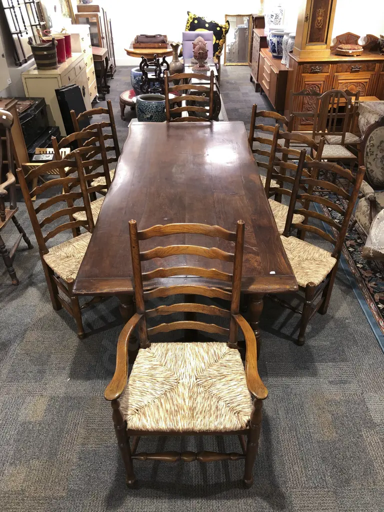Impressive 17th Century Style Oak Refectory Dining Table With Eight Rush Seated Ladder Back Dining Chairs Image 1++