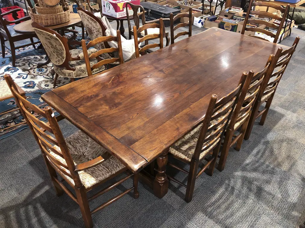 Impressive 17th Century Style Oak Refectory Dining Table With Eight Rush Seated Ladder Back Dining Chairs Image 1++