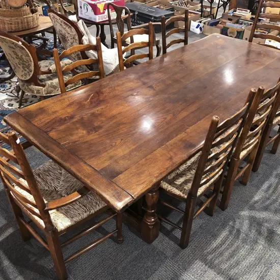 Impressive 17th Century Style Oak Refectory Dining Table With Eight Rush Seated Ladder Back Dining Chairs