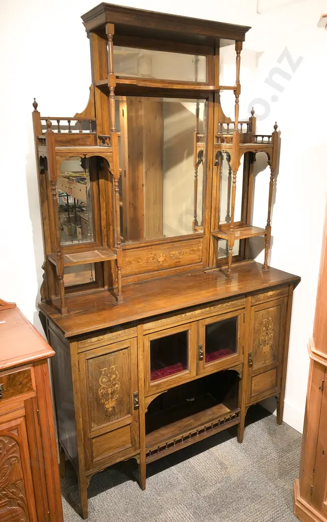 Late Victorian Rosewood & Inlaid Sideboard with Shelved and Mirrored Gallery Back Image 1++