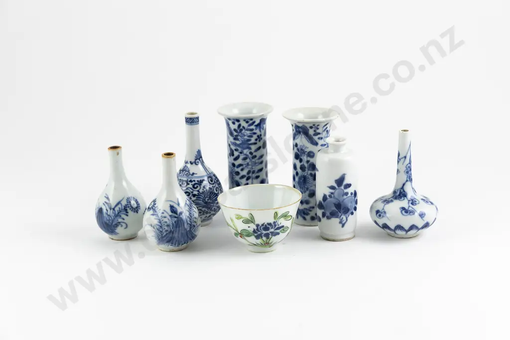 A Collection Of Seven Miniature Chinese Blue and White Vases And Wine Cup Image 1++