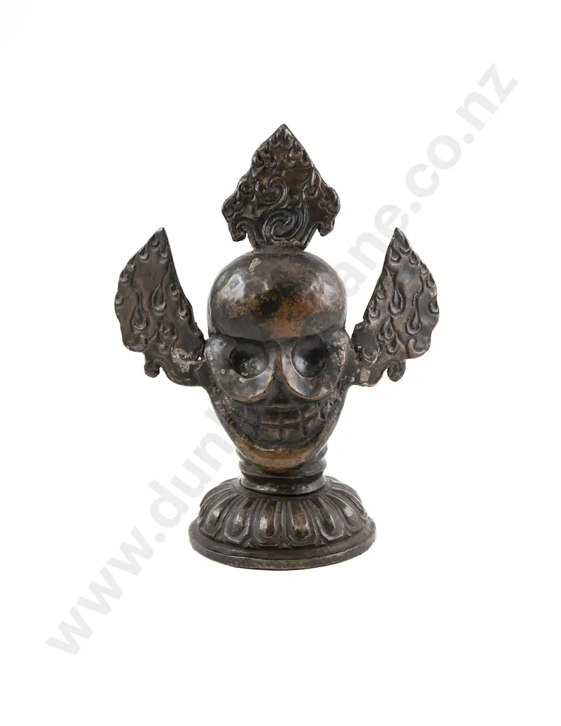 A Large and Unusual 19th Century Tibetan Cast Copper Skull Altar Figure Image 1++