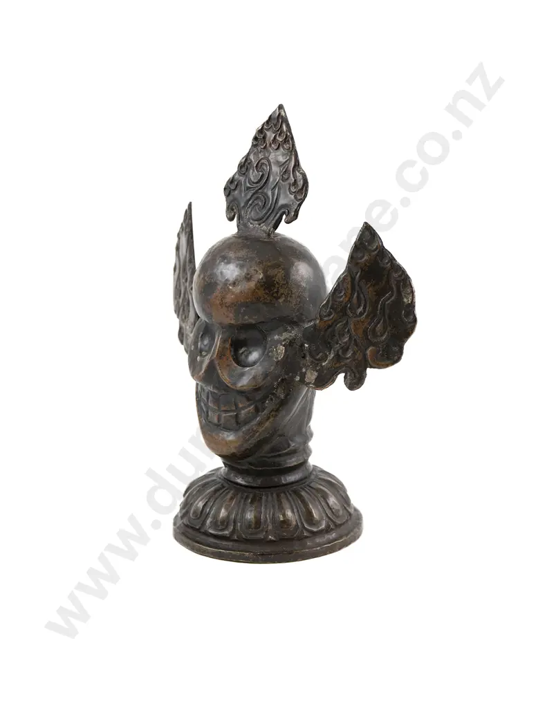 A Large and Unusual 19th Century Tibetan Cast Copper Skull Altar Figure Image 1++