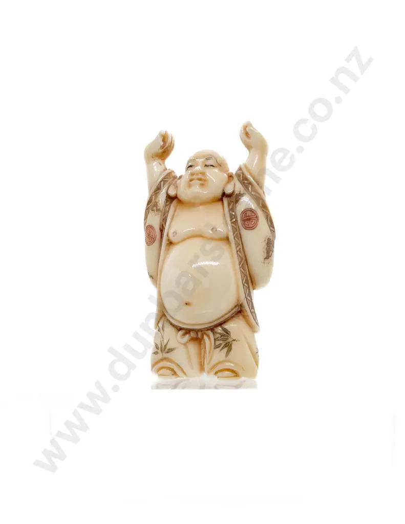 Signed and Stained Ivory Netsuke of Standing Hotei Image 1++
