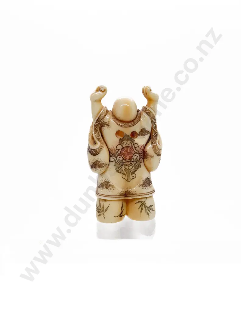 Signed and Stained Ivory Netsuke of Standing Hotei Image 1++