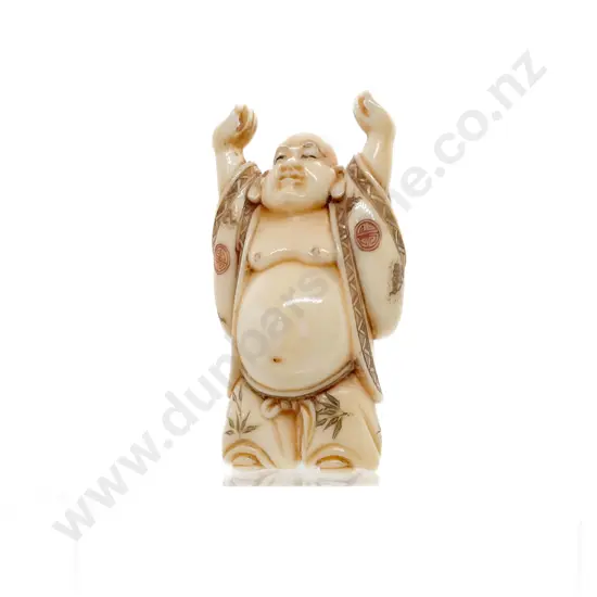 Signed and Stained Ivory Netsuke of Standing Hotei