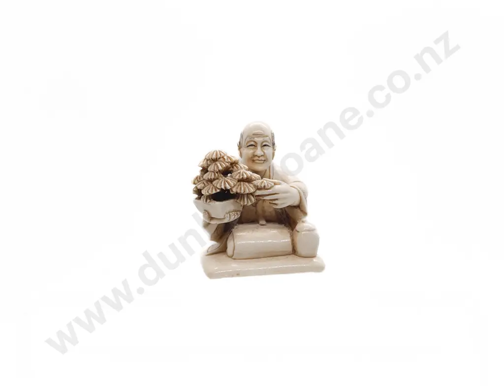 Signed Ivory Netsuke of a Kneeling Man at Bonsai Image 1++