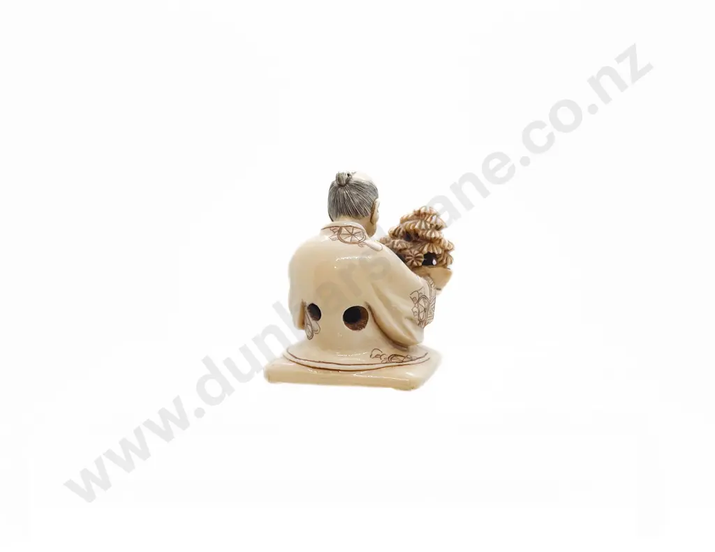 Signed Ivory Netsuke of a Kneeling Man at Bonsai Image 1++