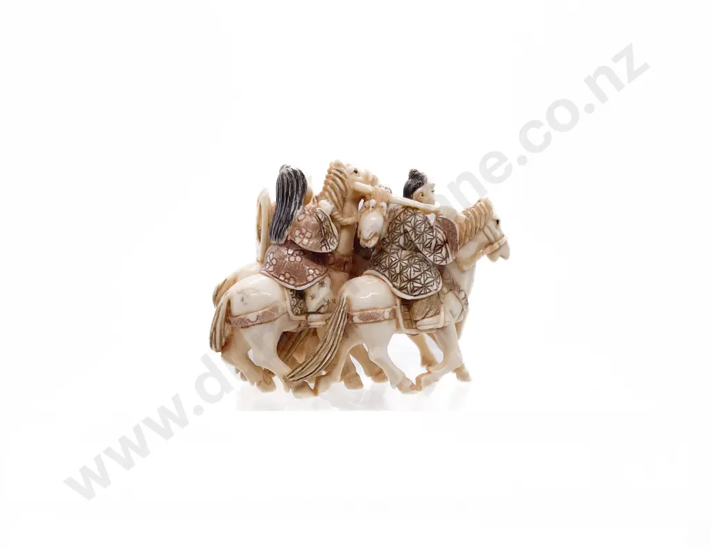 Signed and Stained Ivory Netsuke of a Group of Four Huntsman on Horseback Image 1++