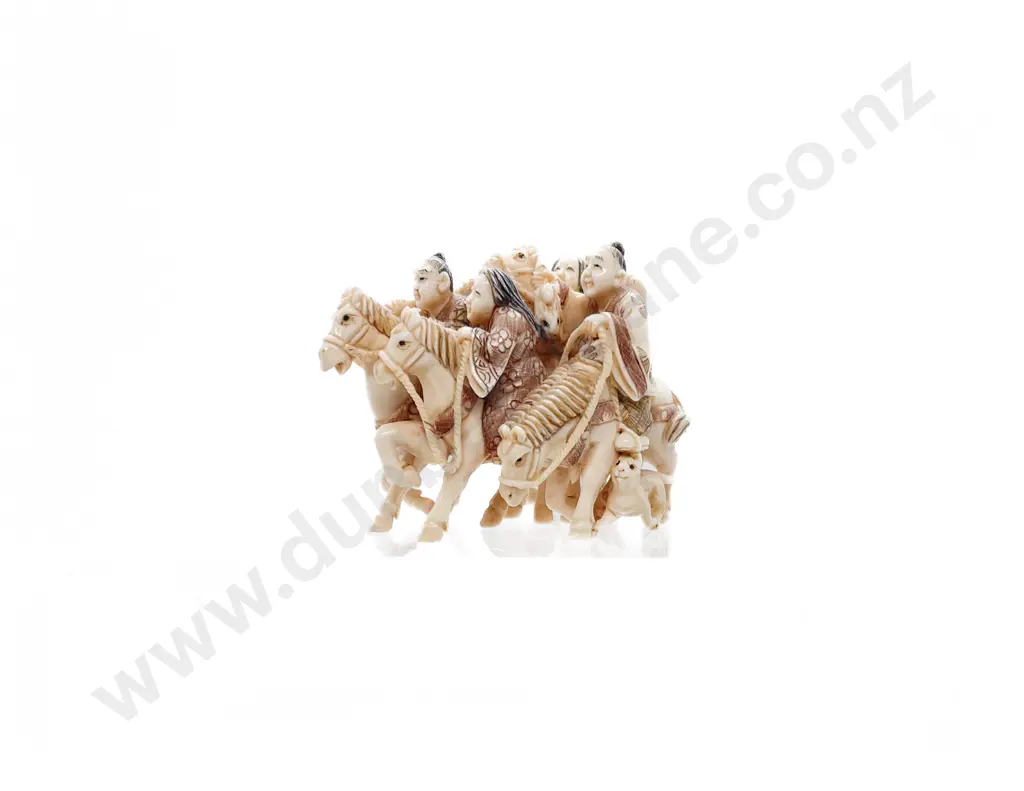 Signed and Stained Ivory Netsuke of a Group of Four Huntsman on Horseback Image 1++