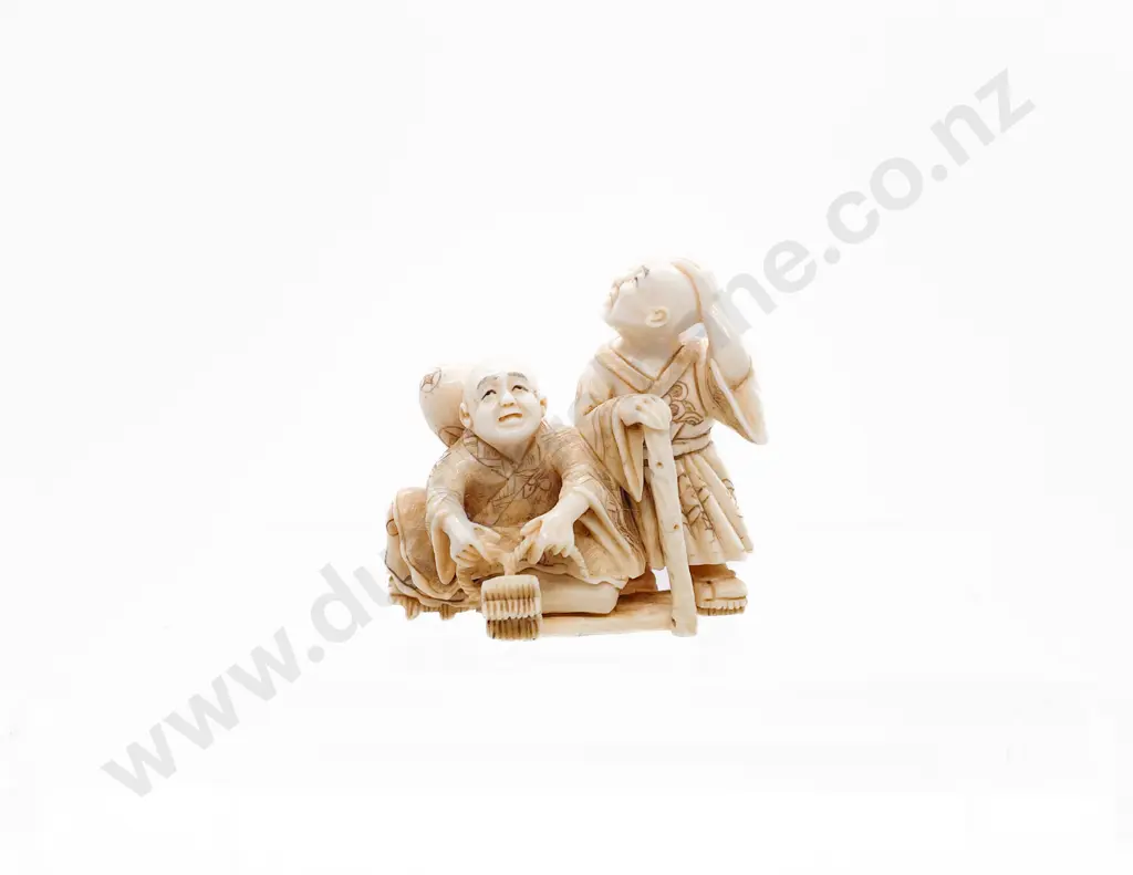Signed and Stained Ivory Netsuke of a Two Travellers Image 1++