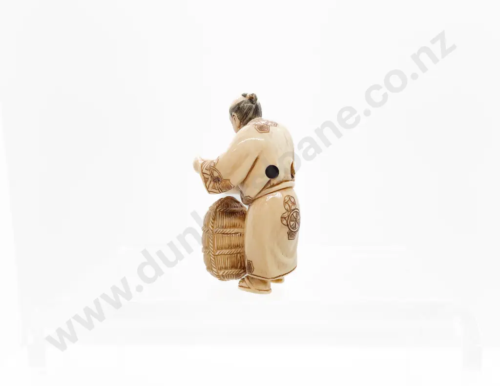 Signed Ivory Netsuke of Trader with Rice Bale and Abacus Image 1++