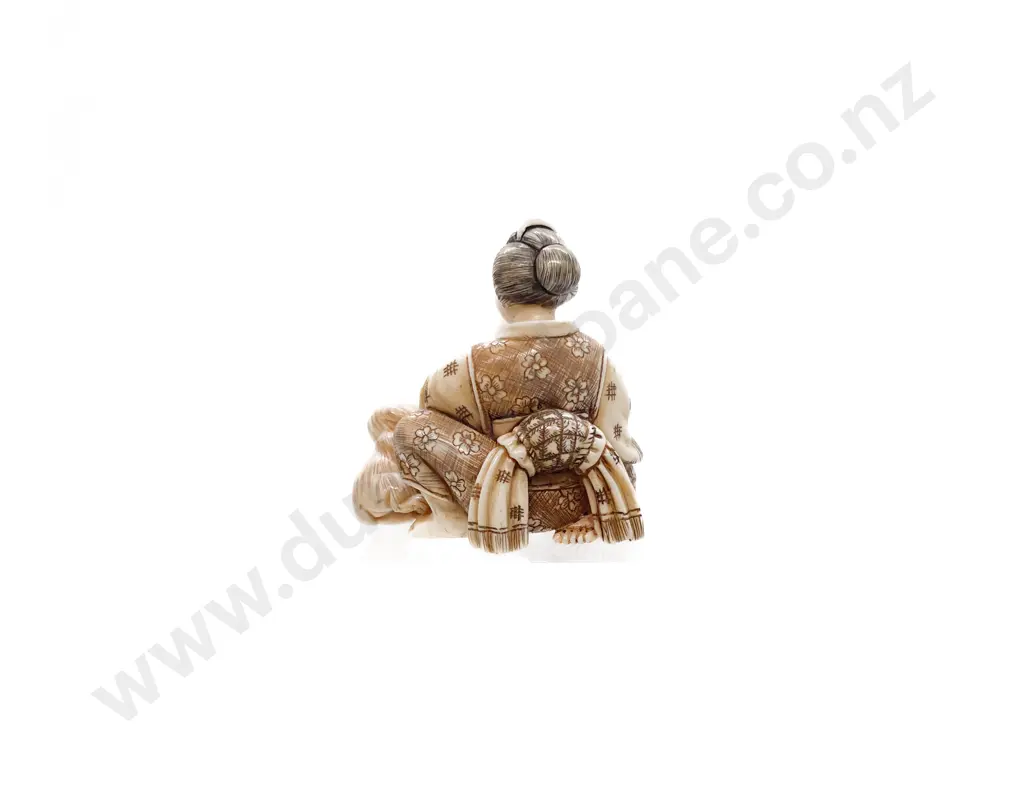 Signed and Stained Ivory Netsuke of a Mother Bathing a Child with Puppy Dog Image 1++