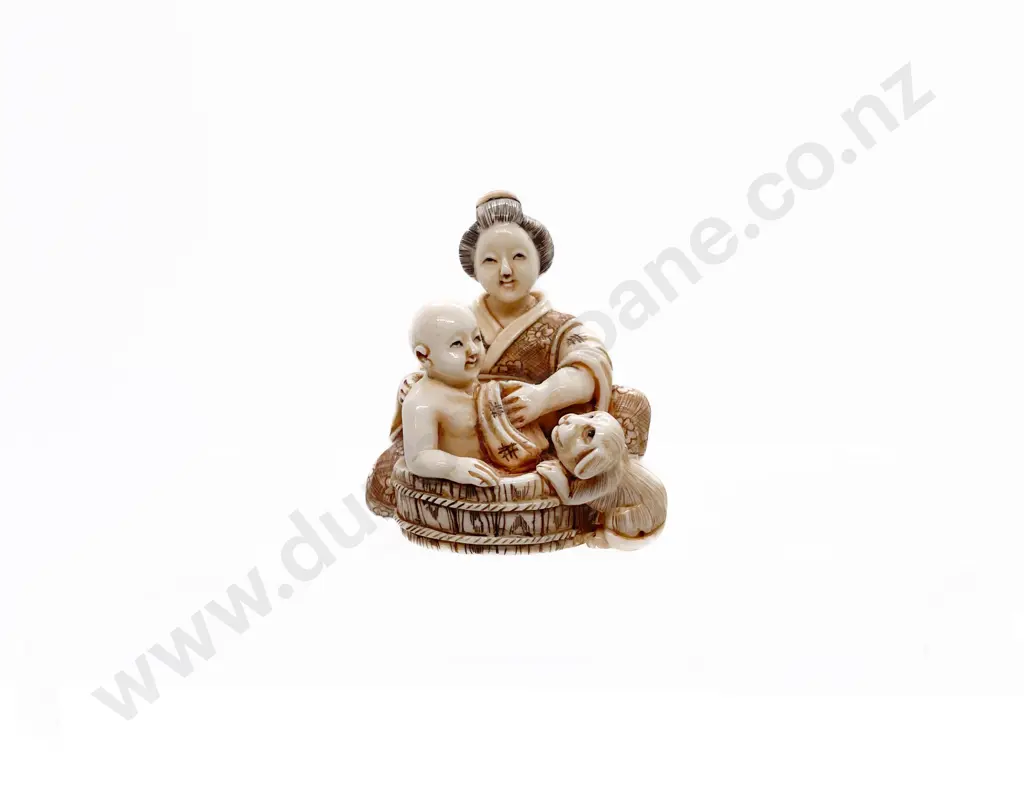 Signed and Stained Ivory Netsuke of a Mother Bathing a Child with Puppy Dog Image 1++