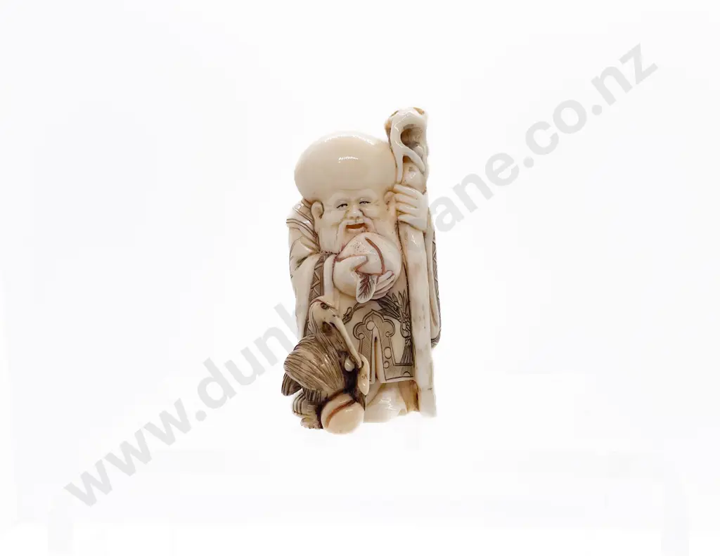Signed and Stained Ivory Netsuke of a Standing Immortal Image 1++
