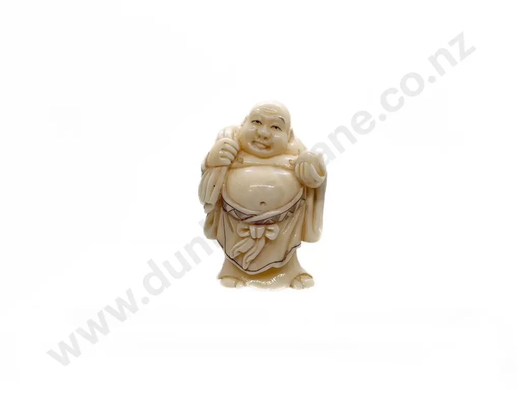 Signed and Stained Ivory Netsuke of a Standing Hotei Image 1++