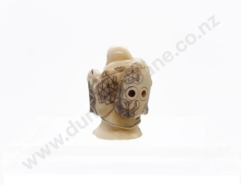 Signed and Stained Ivory Netsuke of a Standing Hotei Image 1++