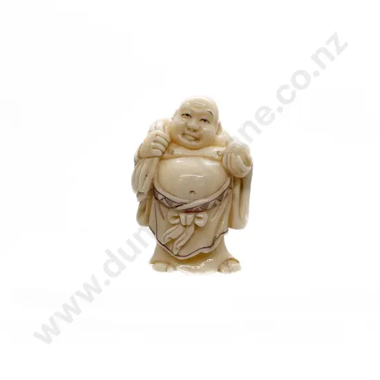 Signed and Stained Ivory Netsuke of a Standing Hotei