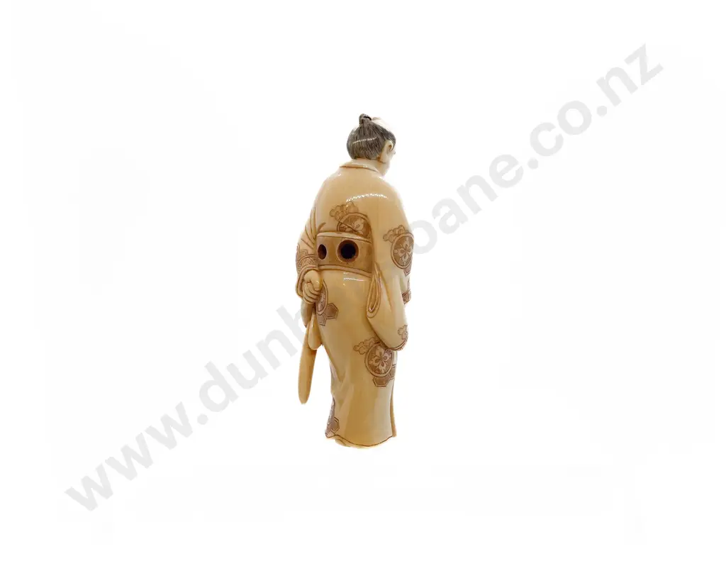 Signed Ivory Netsuke of a Feudal Retainer Wearing Two Katana and Holding Fan Image 1++