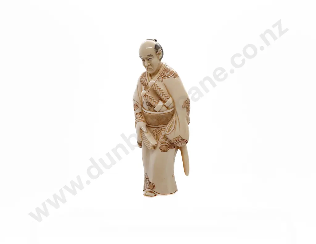 Signed Ivory Netsuke of a Feudal Retainer Wearing Two Katana and Holding Fan Image 1++