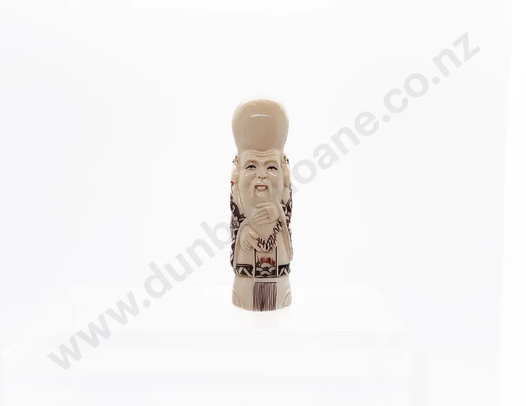 Signed and Stained Ivory Netsuke of the Immortal Fukurokuju Wearing Traditional Kimono Image 1++