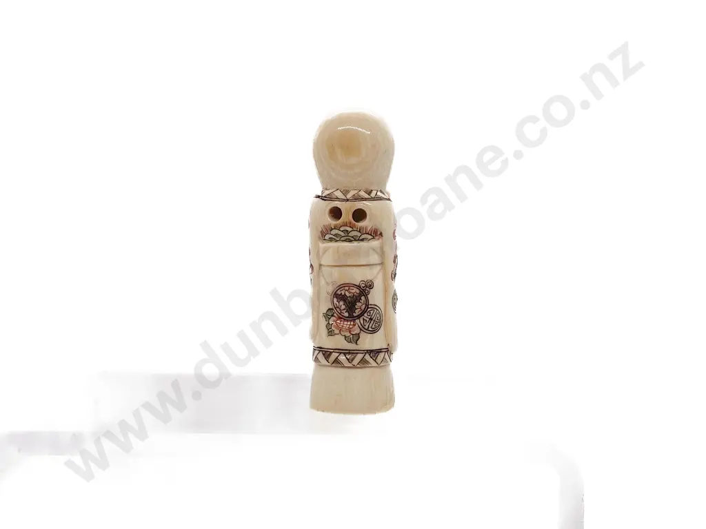 Signed and Stained Ivory Netsuke of the Immortal Fukurokuju Wearing Traditional Kimono Image 1++