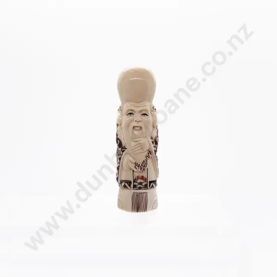 Signed and Stained Ivory Netsuke of the Immortal Fukurokuju Wearing Traditional Kimono