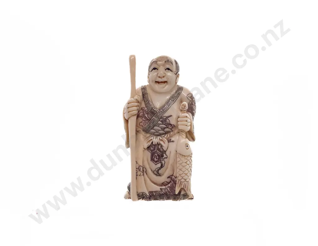 Signed and Stained Ivory Netsuke of a Fisherman Standing holding Good Sized Catch Image 1++