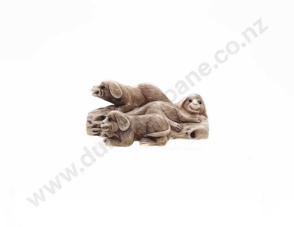 Signed Ivory Netsuke of a Group of Three Puppies on a Log Image 1++