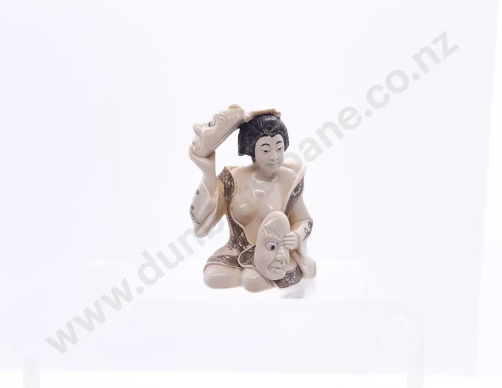 Signed and Stained Ivory Netsuke of a Erotic Geisha Image 1++