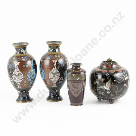 A Pair of Meiji Period Cloisonne Vases Together With A Censer And Small Vase