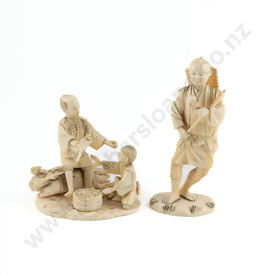 A Japanese Ivory Meiji Period Figure Group Of Woodsman And A Father and Son