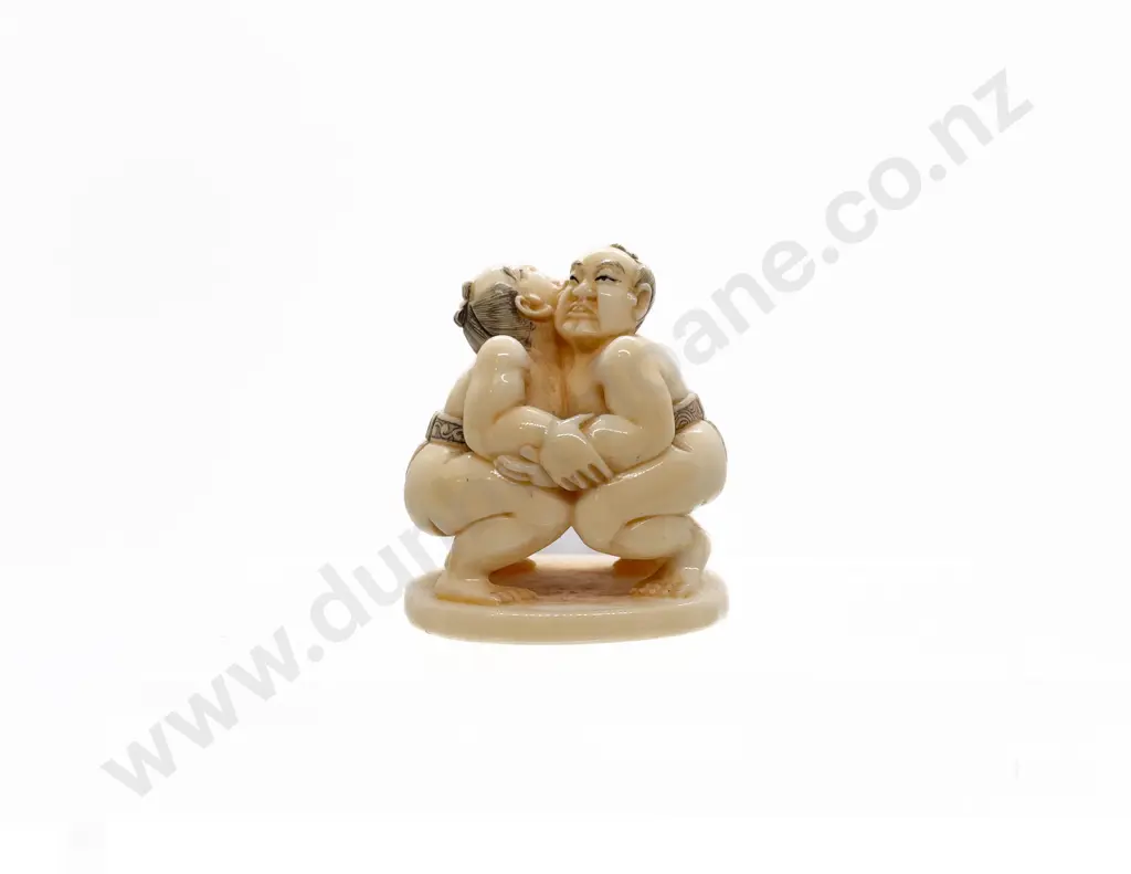 Signed Ivory Okimono of Two Sumo Wrestlers Image 1++