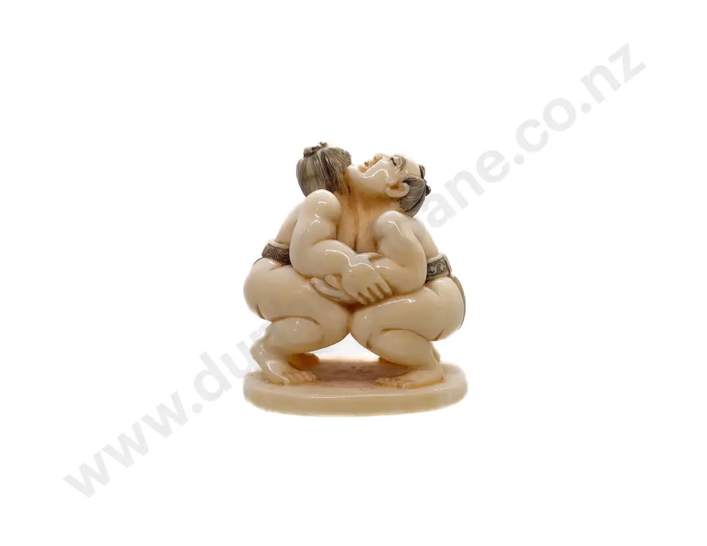 Signed Ivory Okimono of Two Sumo Wrestlers Image 1++