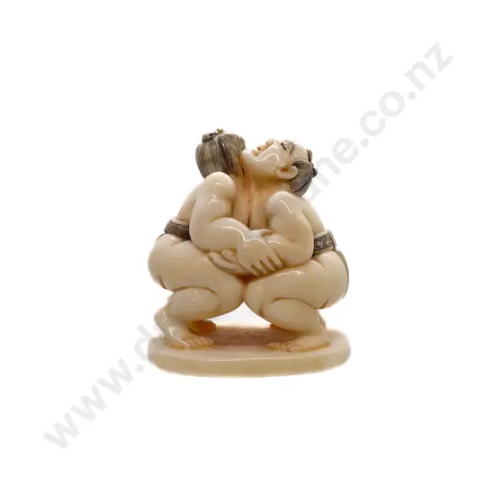 Signed Ivory Okimono of Two Sumo Wrestlers