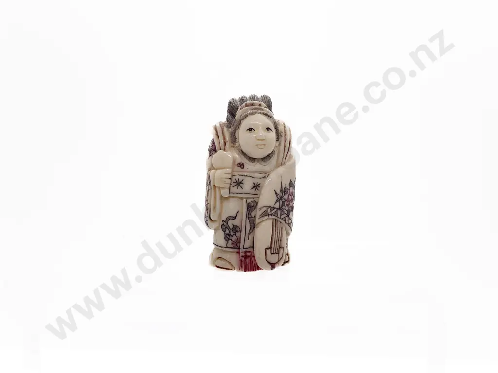 Stained Ivory Okimono of the Goddess Benten Holding Her Shamisen Image 1++