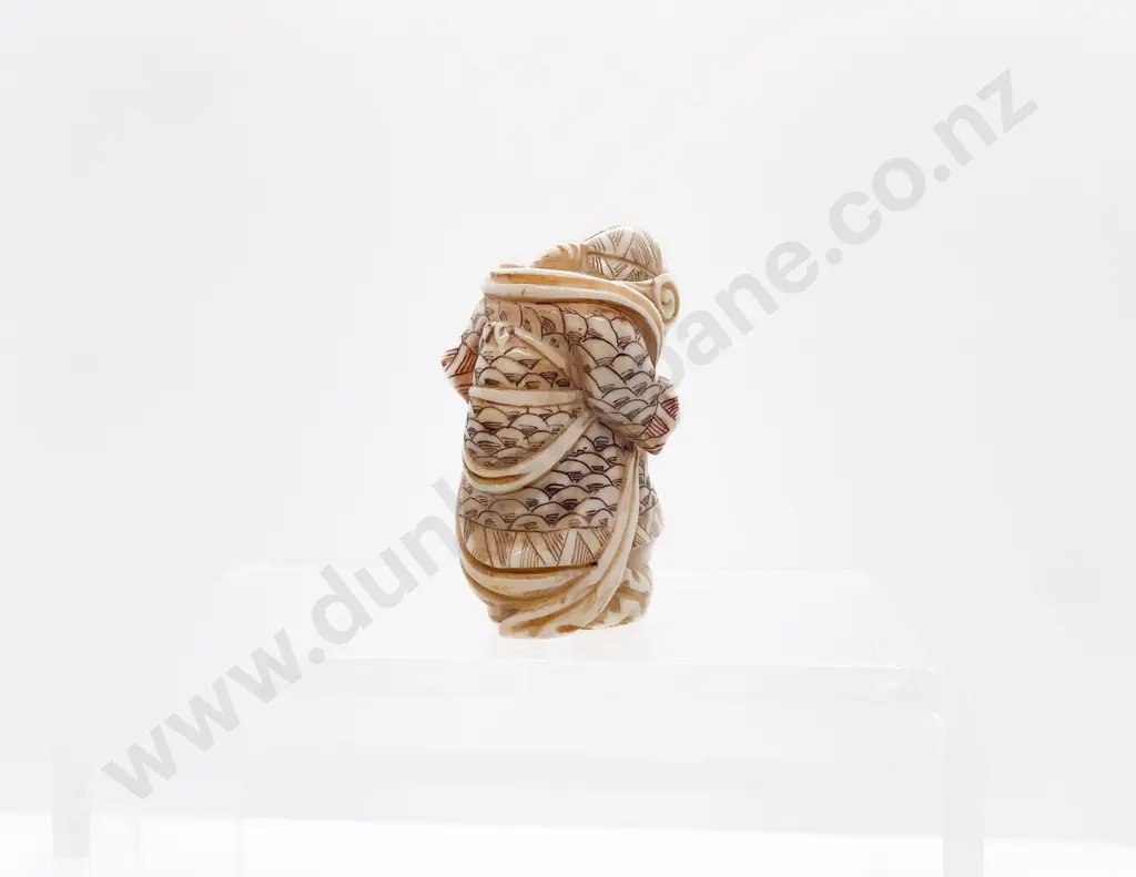 Signed and Stained Ivory Okimono of a Warrior with Sword and Holding a Lantern Image 1++